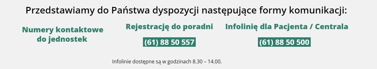 Informacja na temat form kontaktu, z podziałem na trzy typy.